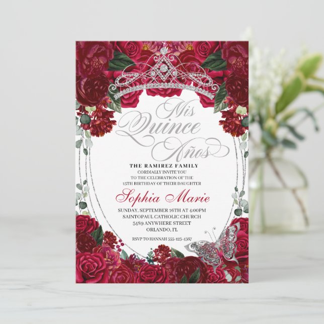 Elegant Red & Silver Floral Quinceanera Birthday Invitation (Standing Front)