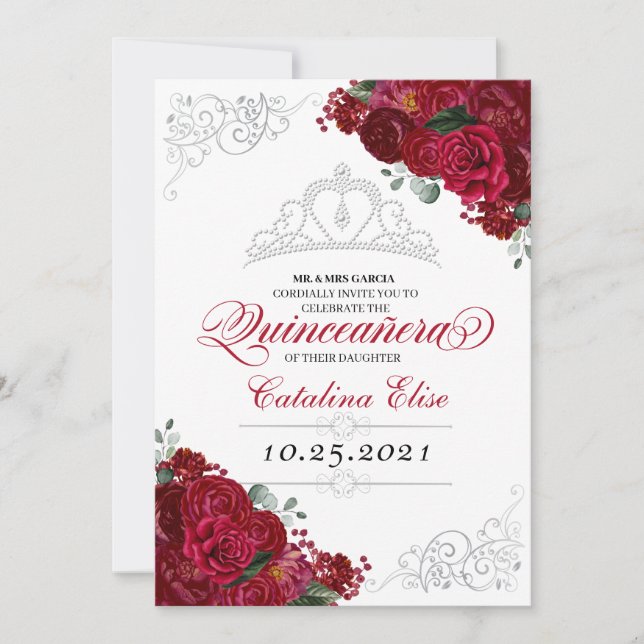Elegant Red & Silver Floral Quinceanera Birthday Invitation (Front)