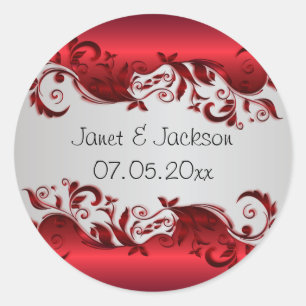 Elegant Red & Silver Florid Wedding Design Classic Round Sticker