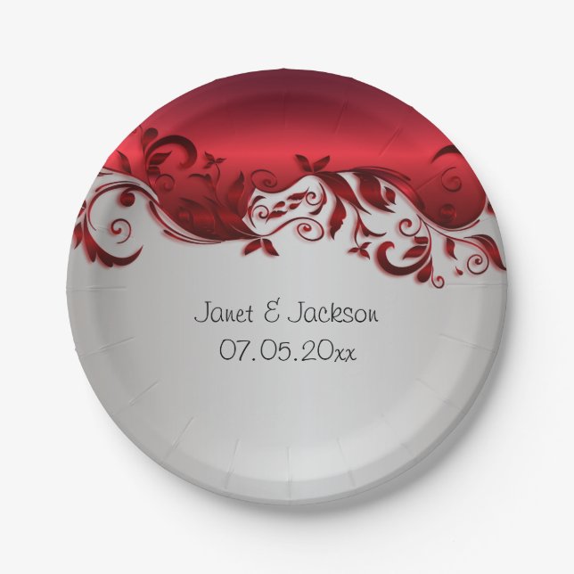 Elegant Red & Silver Florid Wedding Design Paper Plate (Front)
