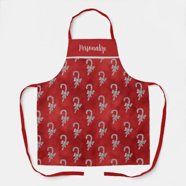 Elegant Red Silver Glitter Christmas Candy Cane Apron (Front)