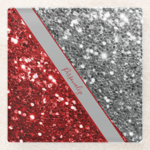 Elegant Red Silver Glitter Sequins Sparkle Glam Glass Coaster