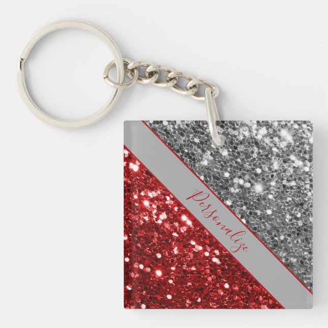 Elegant Red Silver Glitter Sequins Sparkle Glam Ke Key Ring (Front)