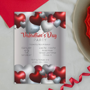 Elegant Red Silver Hearts Valentine's Day Party Invitation