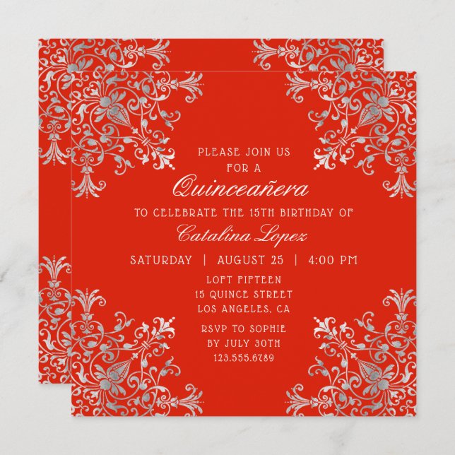 Elegant Red Silver Ornate Floral Quinceañera Invitation (Front/Back)