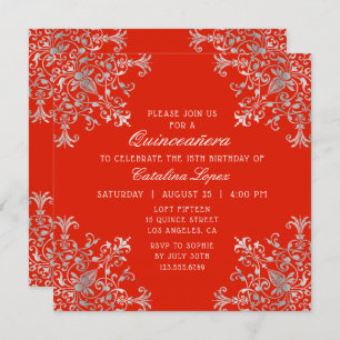Elegant Red Silver Ornate Floral Quinceañera Invitation