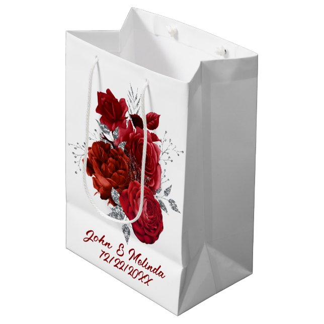 elegant red silver rose add name date medium gift bag (Front Angled)