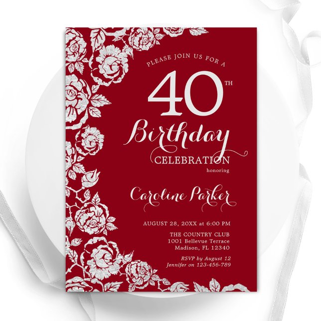 Elegant Red Silver Roses 40th Birthday Party Invitation (Creator Uploaded)