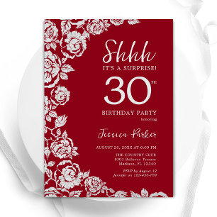 Elegant Red Silver Roses Surprise 30th Birthday Invitation