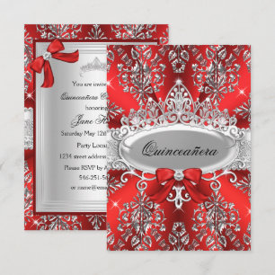Elegant Red Silver Tiara Damask Quinceanera Invite