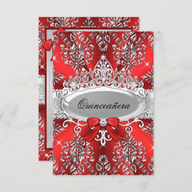 Elegant Red Silver Tiara Damask Quinceanera Invite (Front/Back)