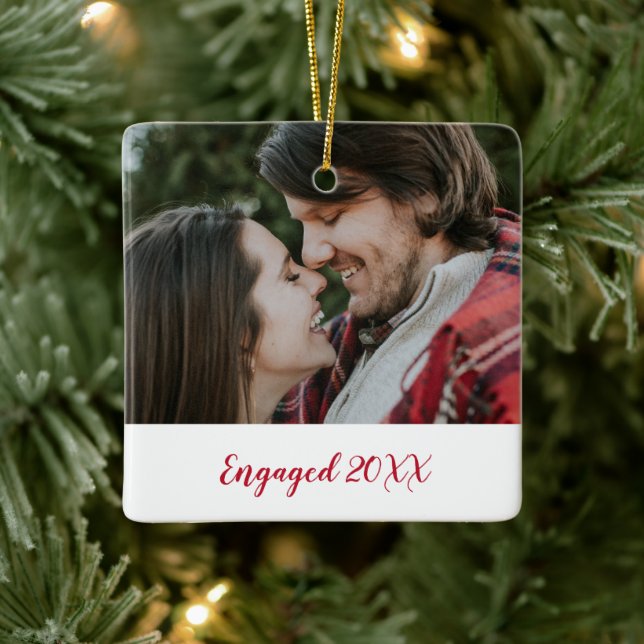 Elegant Red Simple Photo Modern Engaged Ceramic Ornament (Tree)