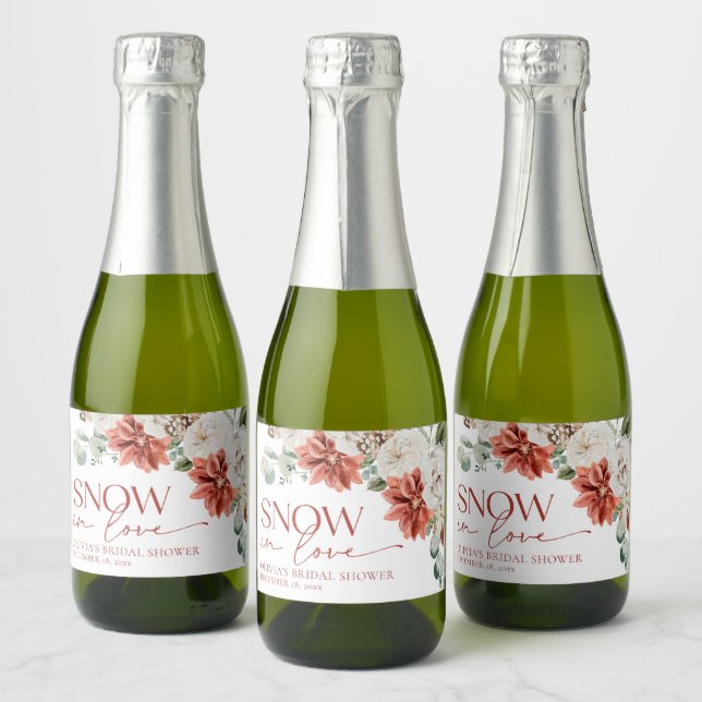 Elegant Red Snow in Love Winter Bridal Shower Sparkling Wine Label (Bottles)