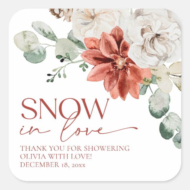 Elegant Red Snow in Love Winter Bridal Shower  Square Sticker (Front)