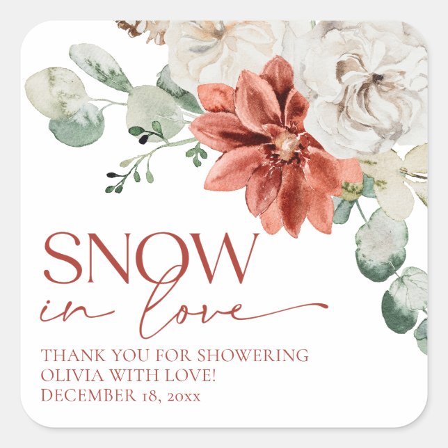 Elegant Red Snow in Love Winter Bridal Shower  Square Sticker (Front)