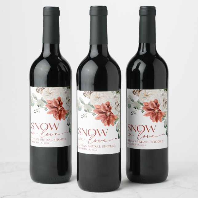 Elegant Red Snow in Love Winter Bridal Shower Wine Label (Bottles)