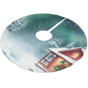 Elegant red Snow merry Christmas pine tree Holiday Brushed Polyester Tree Skirt