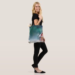 Elegant red Snow merry Christmas pine tree Holiday Tote Bag