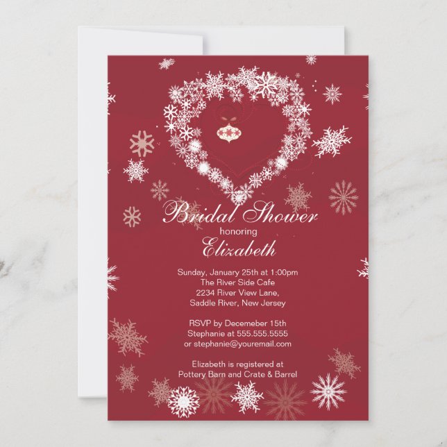 Elegant Red Snowflake Heart Winter Bridal Shower Invitation (Front)