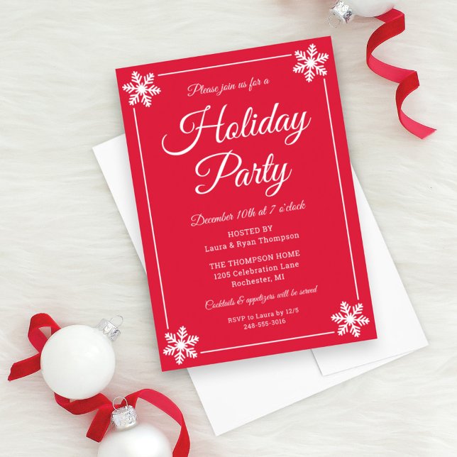 Elegant Red Snowflake Script Holiday Party Invitation (Creator Uploaded)