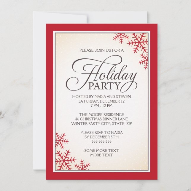 Elegant red snowflakes and snow holiday party invitation (Front)