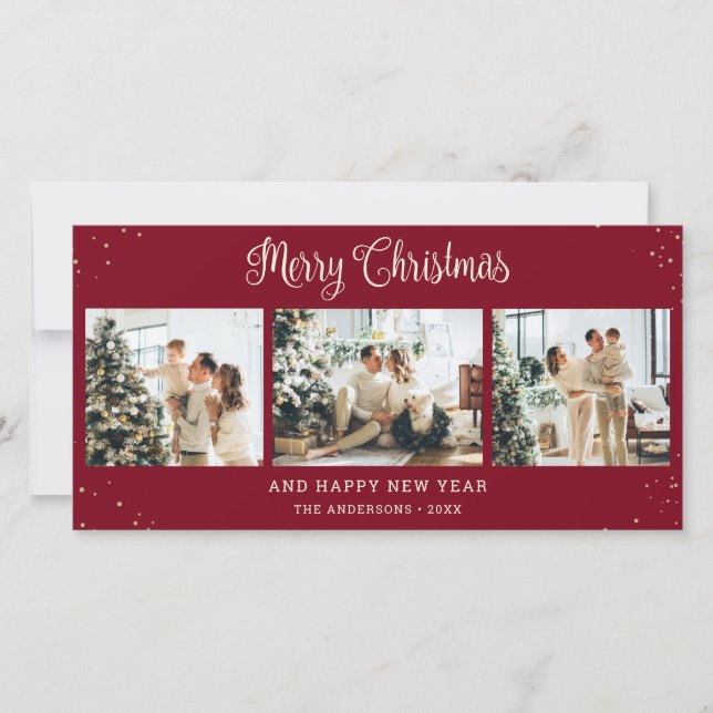 Elegant Red Snowy Photo Merry Christmas Cards (Front)