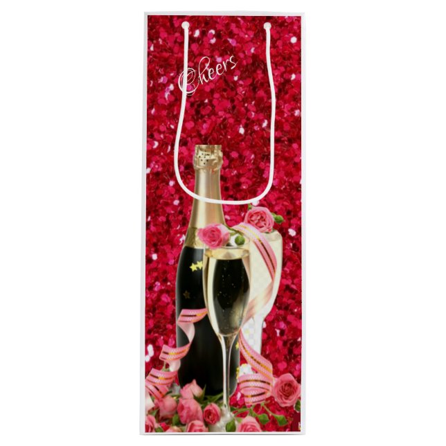 Elegant Red Sparkle Champagne Wine Paper Bag (Front)
