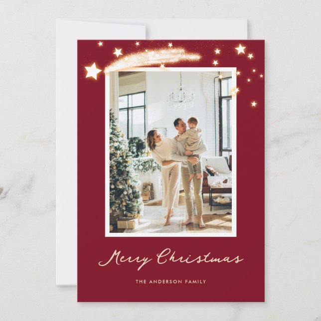 Elegant Red Starry Photo Christmas Cards (Front)
