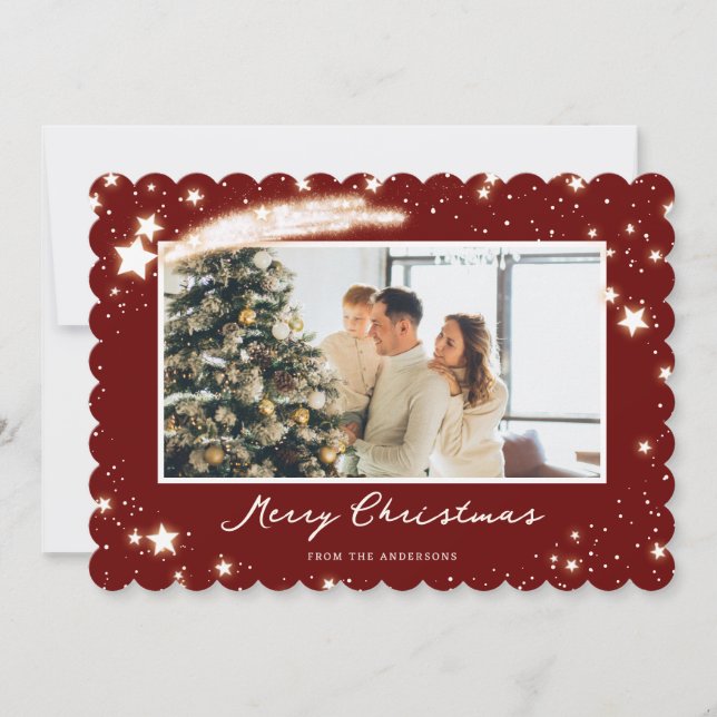 Elegant Red Stars Snow Photo Merry Christmas Card (Front)
