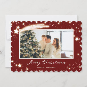 Elegant Red Stars Snow Photo Merry Christmas Card