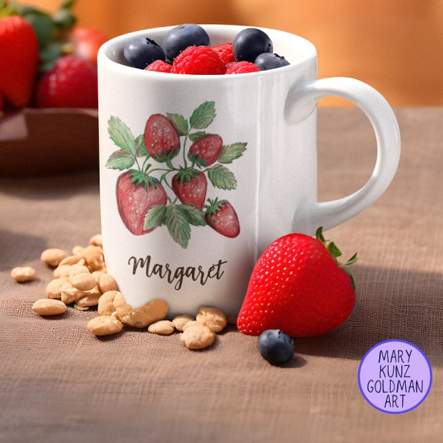 Elegant Red Strawberries Pretty Personalised Coffee Mug (These strawberries were hand-drawn by a human -- me! They lend Victorian whimsy to everyday life.)