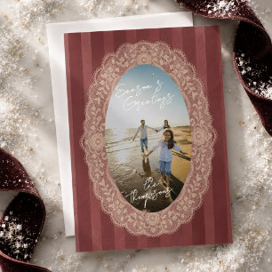 Elegant Red Stripe Lace Oval Frame Photo Holiday Card