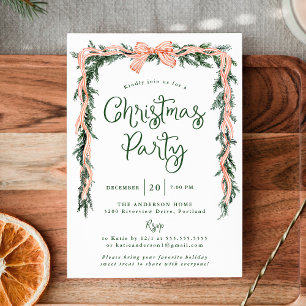 Elegant Red Striped Bow Greenery Christmas Party Invitation