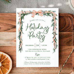 Elegant Red Striped Bow Greenery Holiday Party Invitation