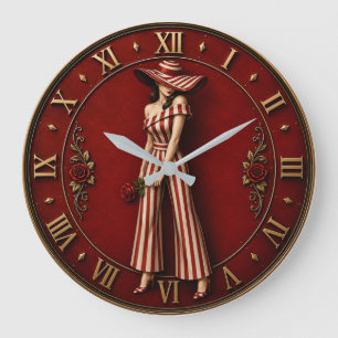 Elegant Red Striped Fashion Lady Glamour Rose Large Clock