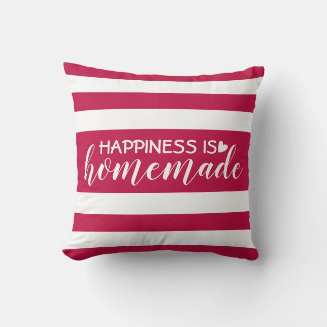 Elegant Red Striped Saying Happiness is Homemade Cushion (Front)