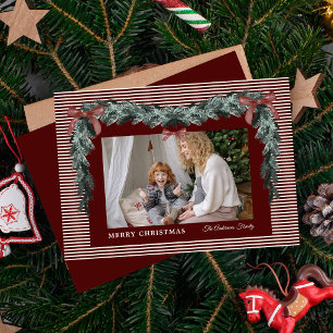 Elegant Red Stripes Christmas Garland 1 Photo Holiday Card