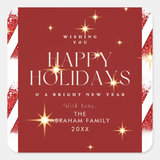 Elegant Red Stripes Sparkling Holidays Christmas  Square Sticker (Front)