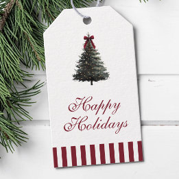 Elegant Red Stripes Watercolor Christmas Tree Gift Tags