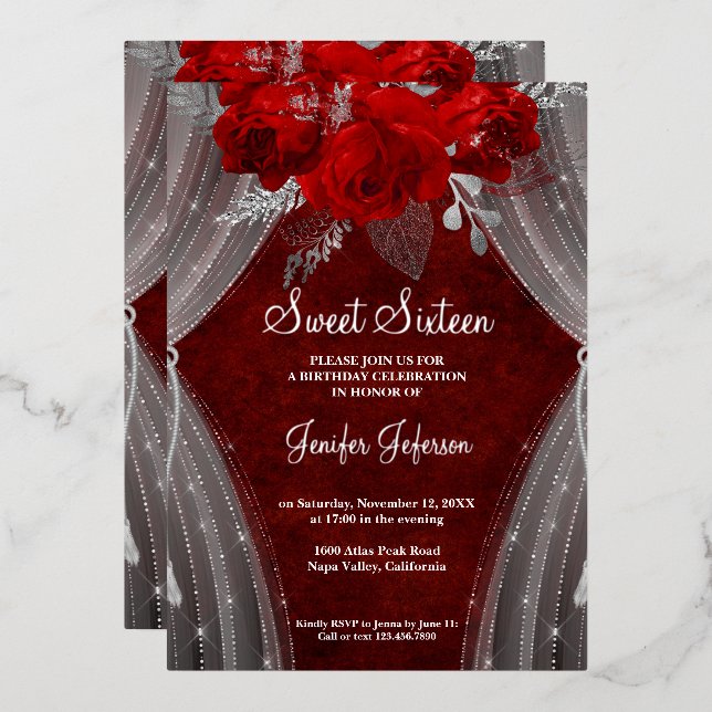 Elegant red Sweet Sixteen Invitation (Front/Back)