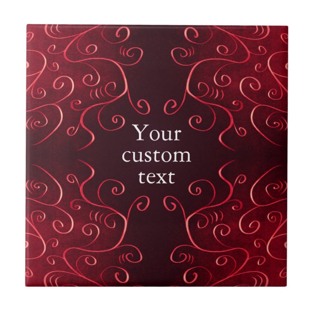 Elegant Red Swirl Pattern Custom Text Tile (Front)