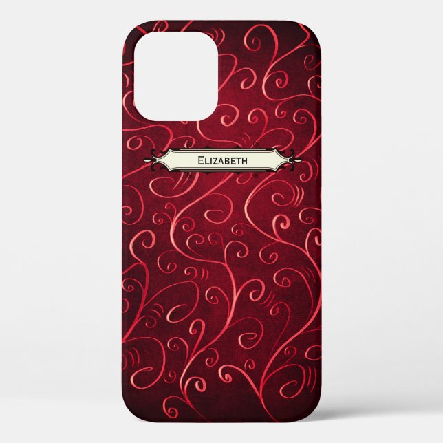 Elegant Red Swirls Pattern Name Case-Mate iPhone Case (Back)