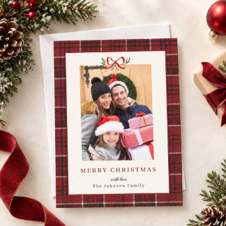 Elegant Red Tartan border with bow Photo Christmas Holiday Card
