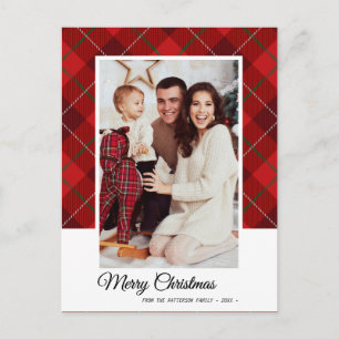 Elegant Red Tartan Merry Christmas Family Photo Postcard