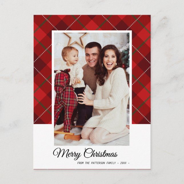 Elegant Red Tartan Merry Christmas Family Photo Postcard (Front)