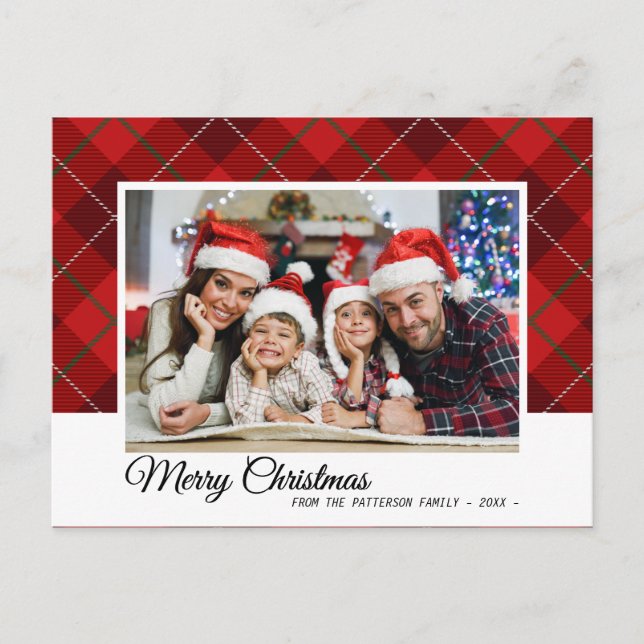 Elegant Red Tartan Merry Christmas Family Photo Postcard (Front)