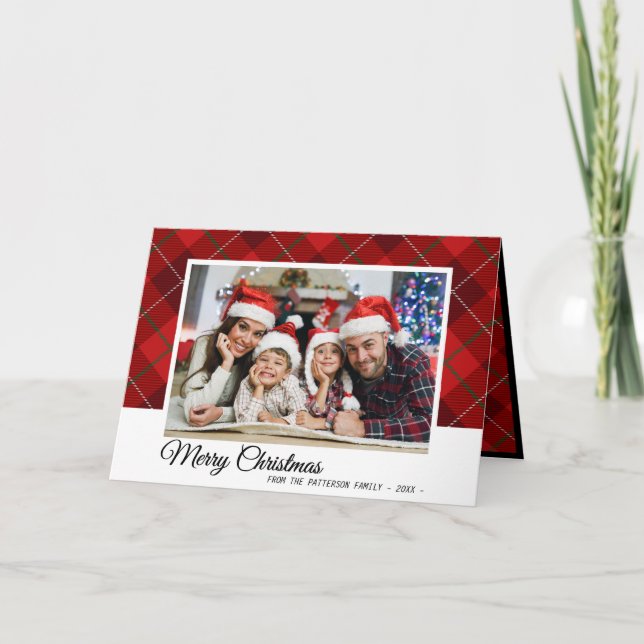 Elegant Red Tartan Plaid Christmas Family Photo Holiday Card (Front)