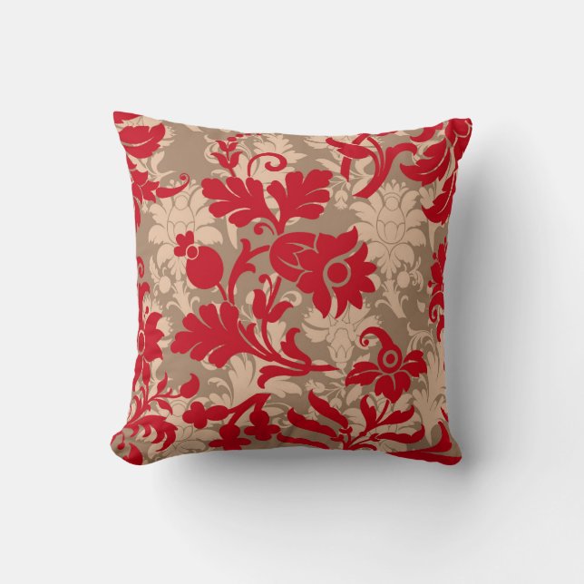 Elegant Red, Taupe & Beige Floral  Cushion (Front)