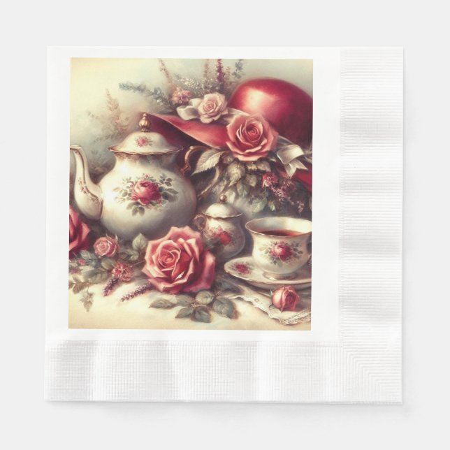Elegant Red Tea Party Floral Paper Napkin (Front)