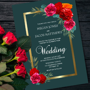 Elegant Red Teal Gold Floral Wedding Invitation